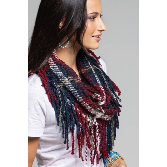 SOLD OUT Navy Burgundy Classic Plaid Infinity Scarf w/ Fringe Casual Knit Women - Picture 3 of 4